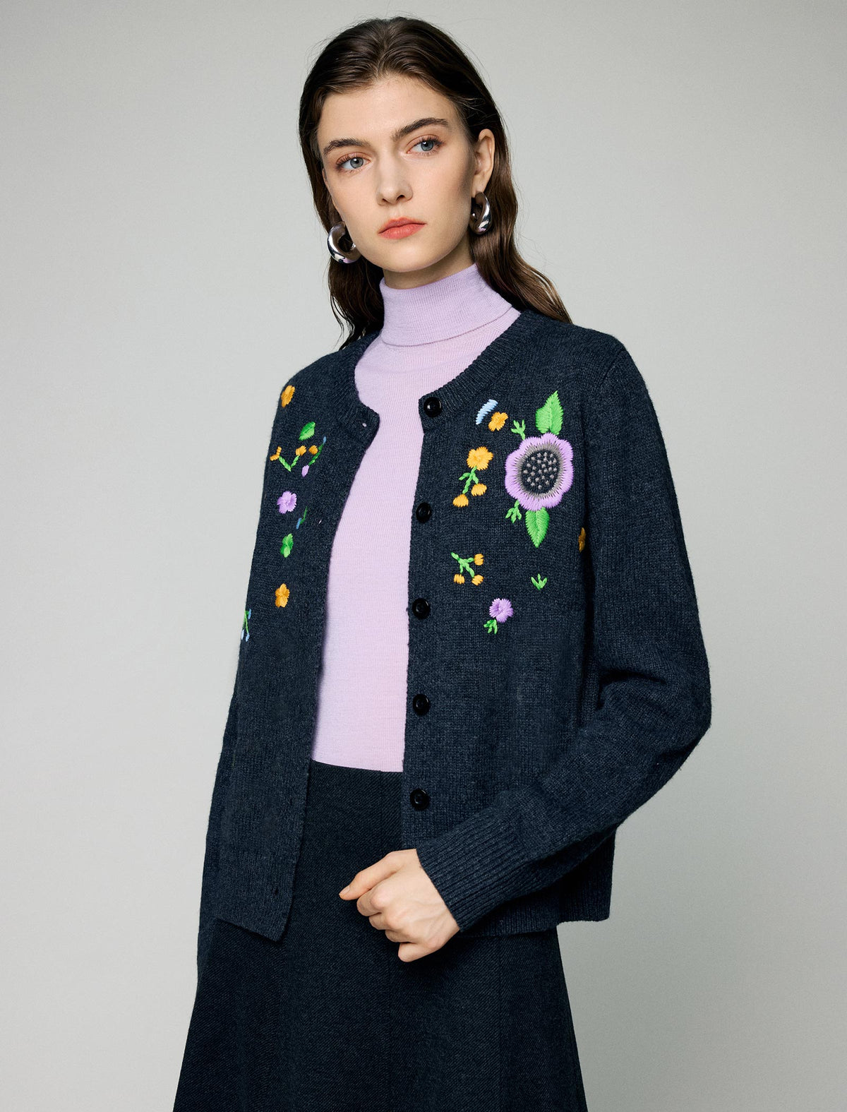 Wool Blend Embroidered Floral Crewneck Button-Front Cardigan