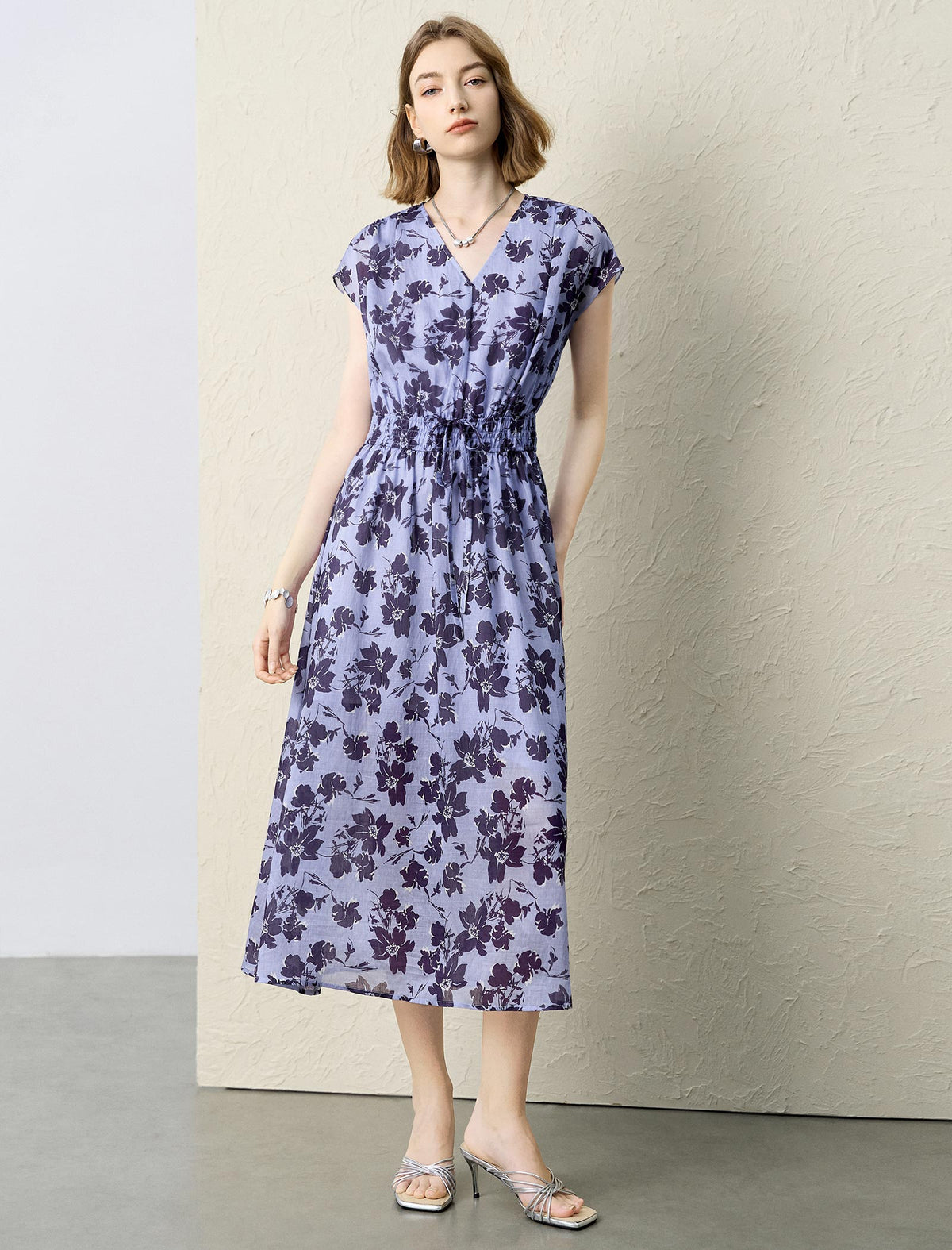 Blue Floral Print V-Neck Midi Dress