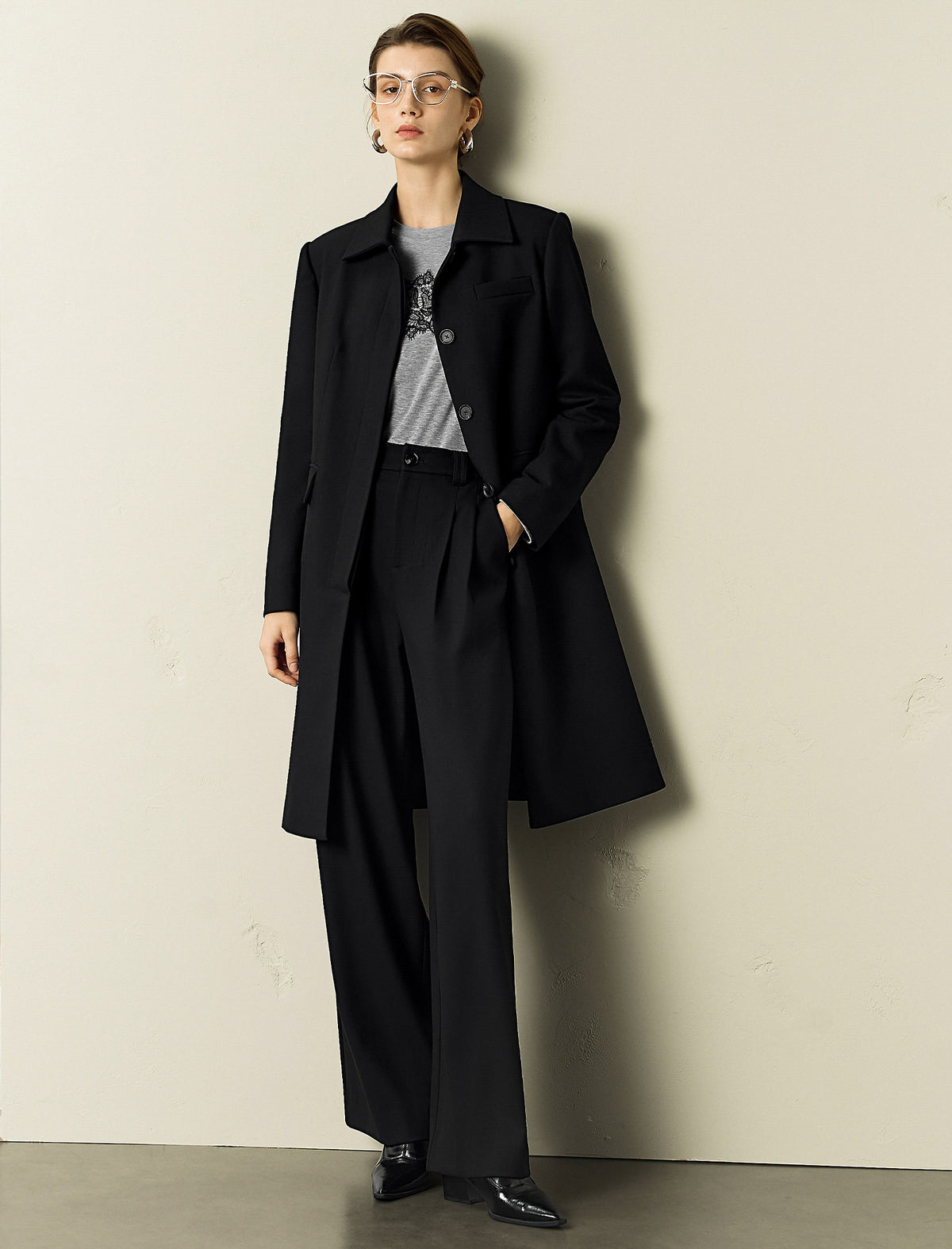 Black Stand-Collar Single-Breasted Trench Coat
