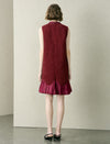 Burgundy Tweed Wool Blend Ruffle Hem Sleeveless Midi Dress