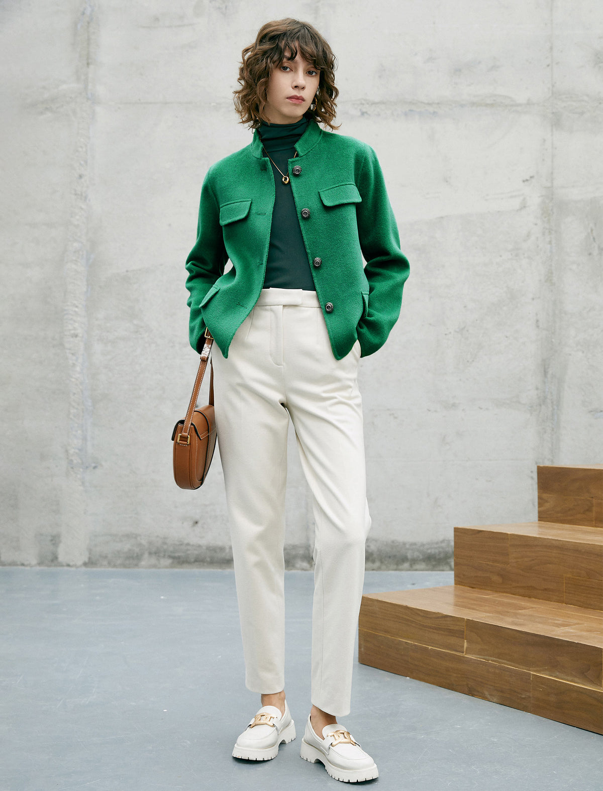 Wool Blend Button-Front Cropped Jacket