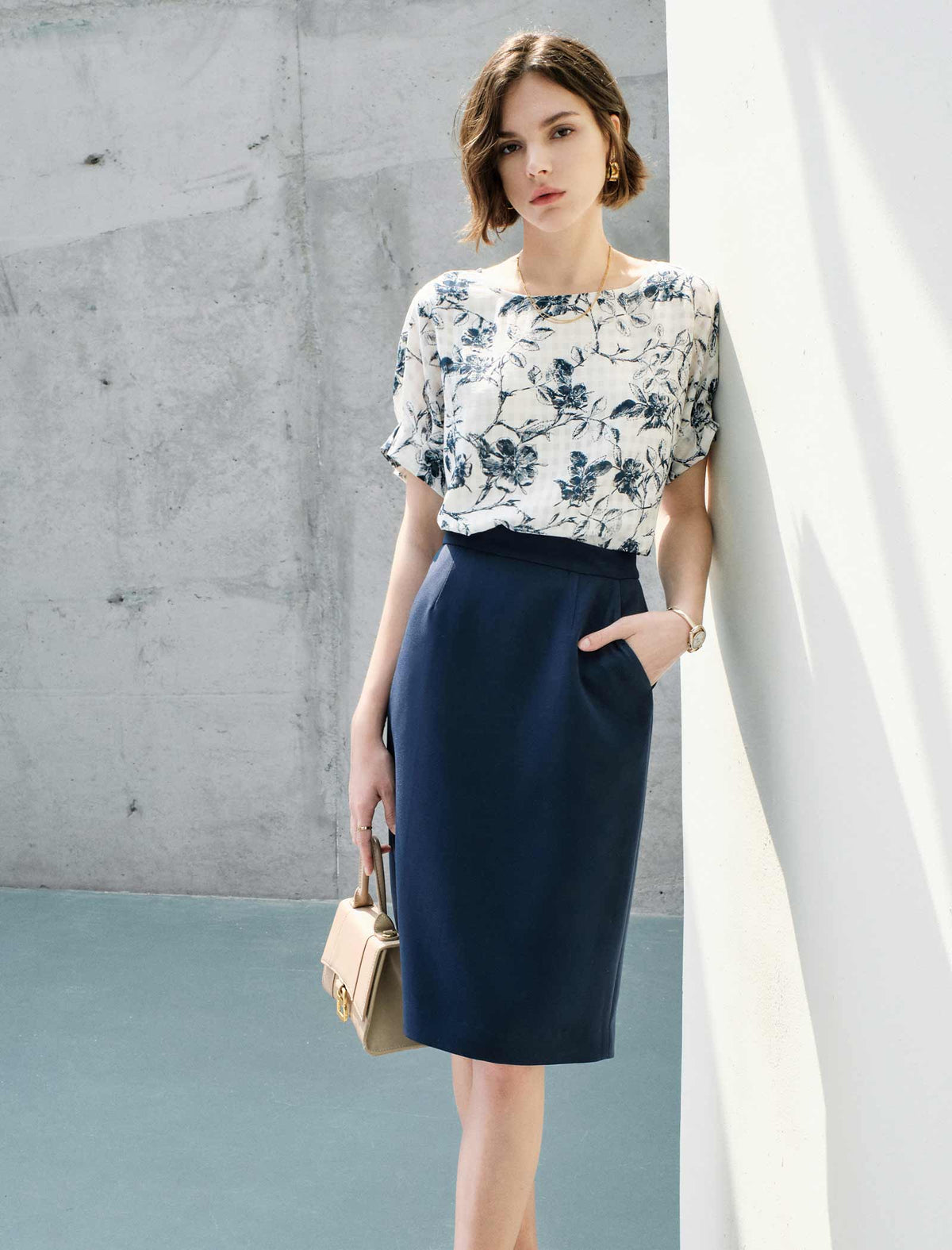 Crew Neck Printed Short Sleeve Chiffon Top