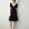 Black And White V-Neck Flared Dress - Black