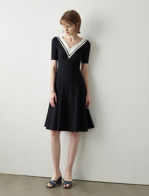 Black And White V-Neck Flared Dress