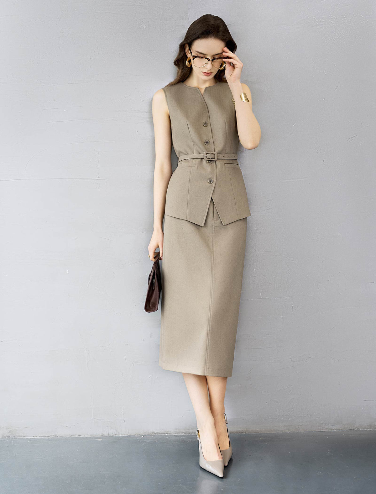 Back Slit Tailored Midi Skirt