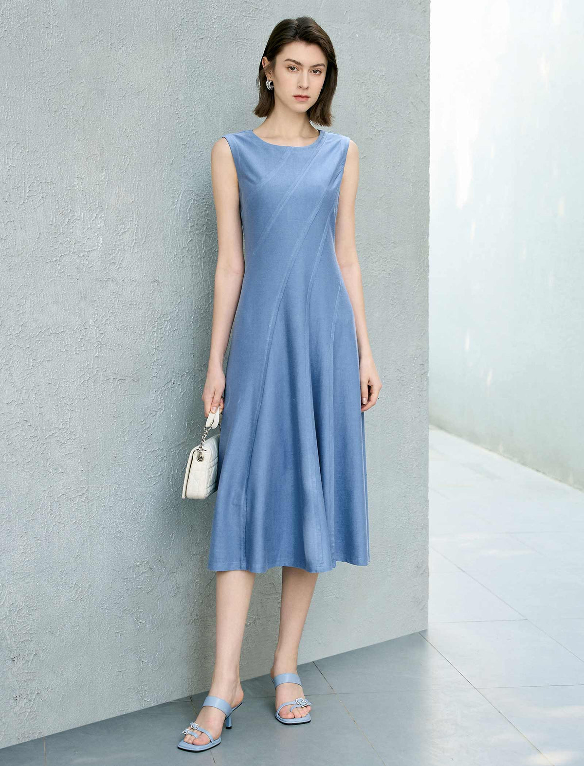 Solid Waist-Cinched A-Line Sleeveless Dress