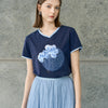 Cotton V-Neck Floral Graphic T-Shirt - Dark Blue