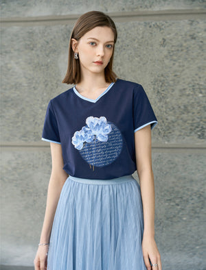 Cotton V-Neck Floral Graphic T-Shirt