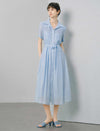 Light Blue Tencel Linen Blend Lace-Trimmed Shirt Midi Dress