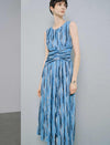 Blue Abstract Print Sleeveless Ruched Waist Midi Dress