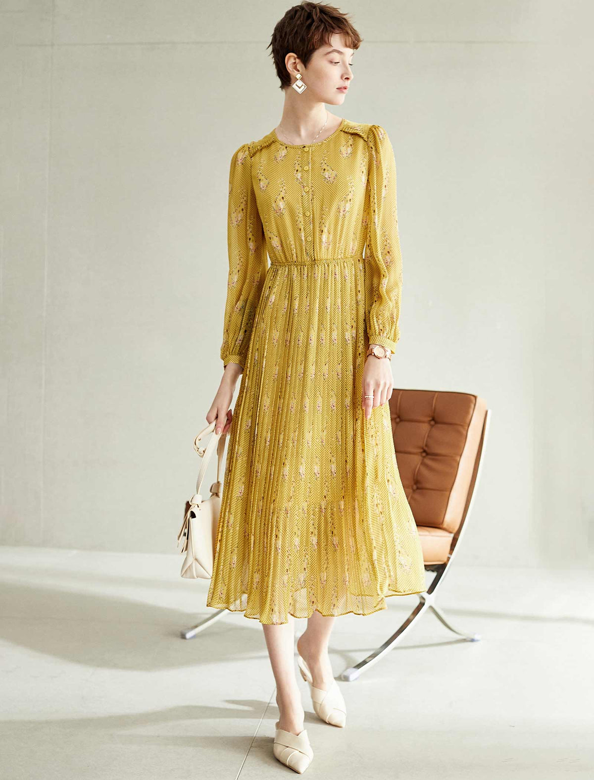 Mustard Yellow Floral Pleated Midi Dress