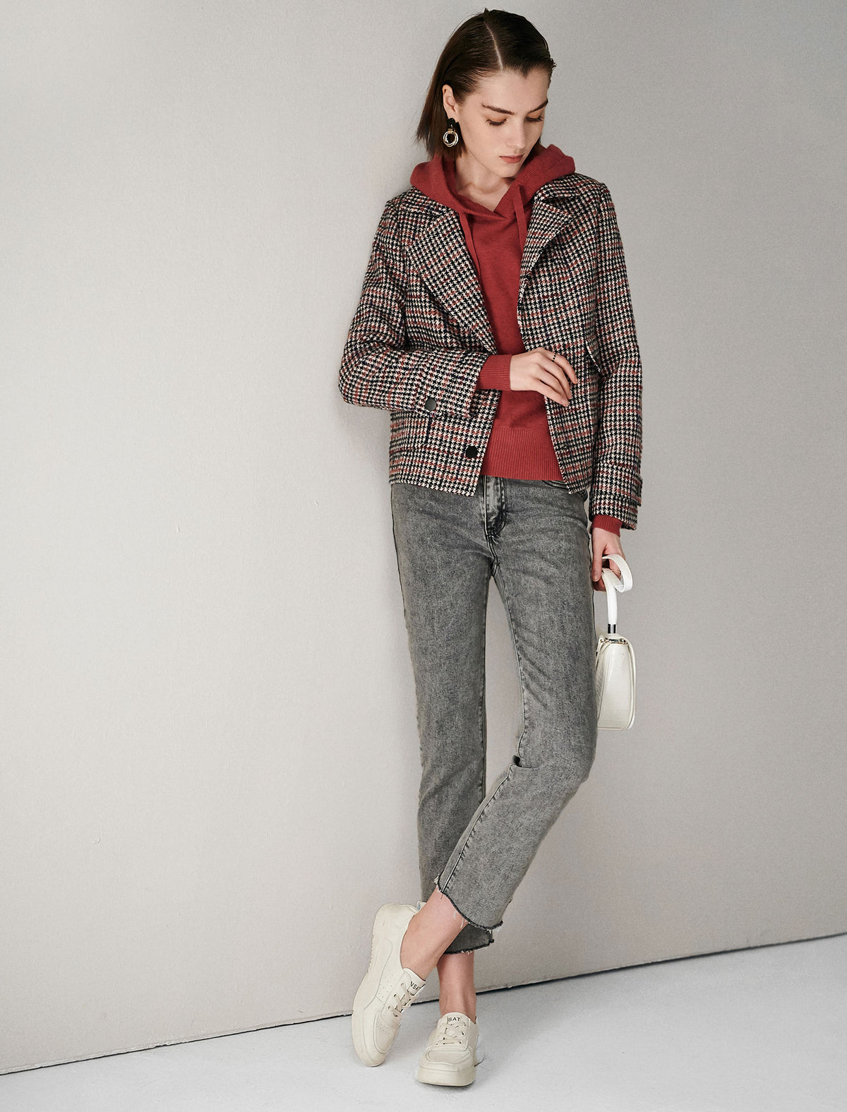 Plaid Button-Front Pocket Cropped Jacket