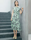 Mint Green Leaf Print Tie Waist Midi Dress