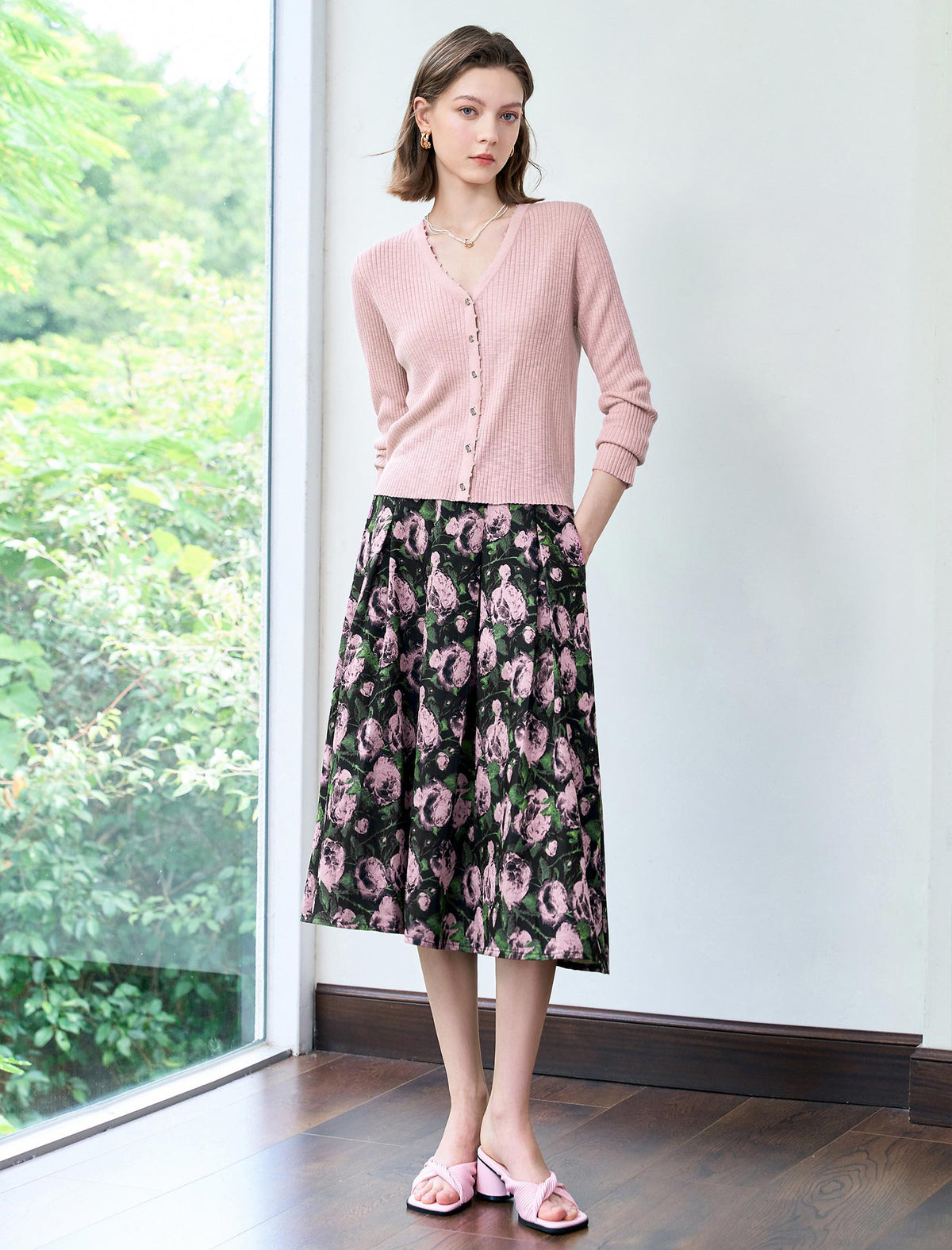 Vintage Rose Print Flare Midi Skirt