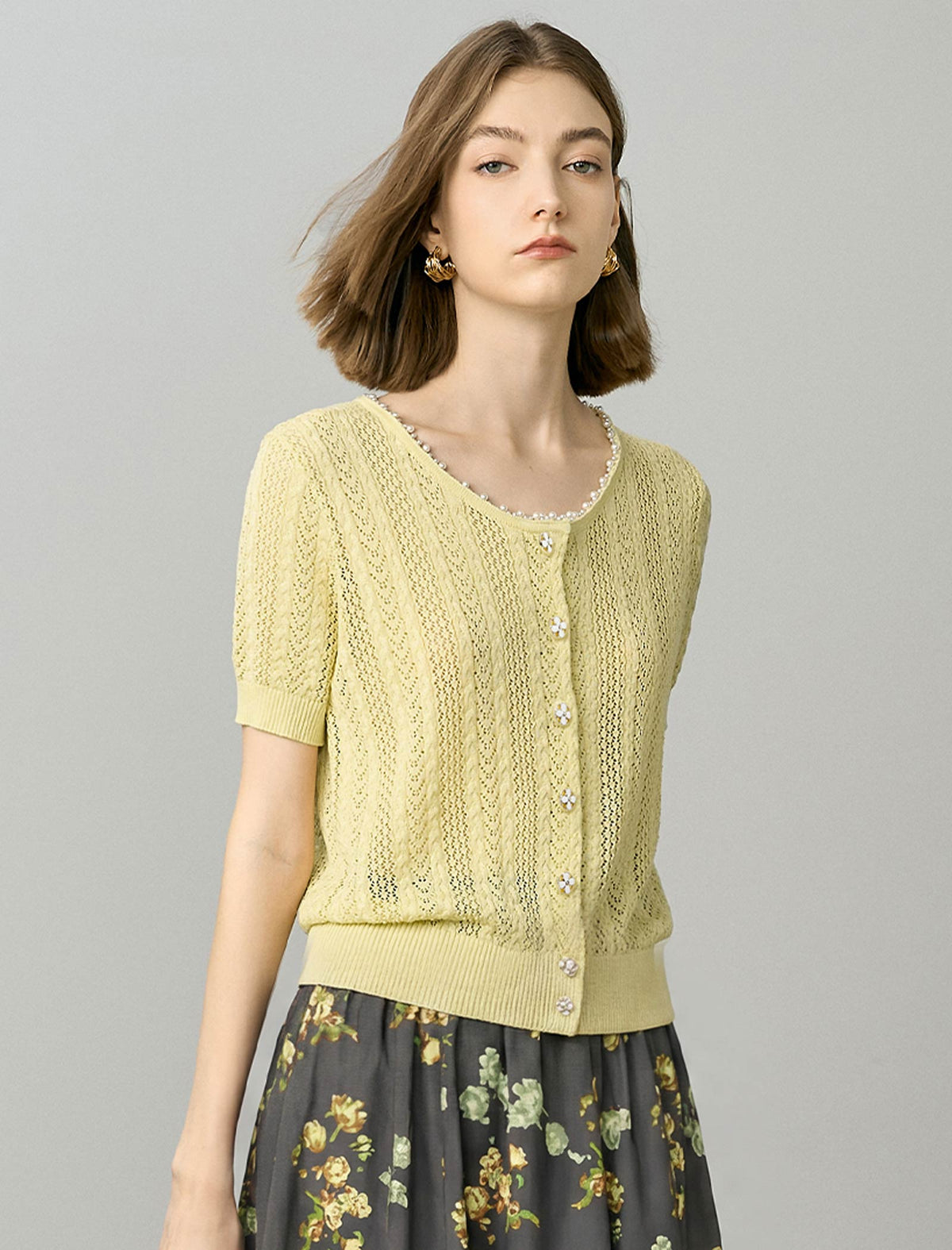 Pale Yellow Tencel Pearl Trim Knit Cardigan