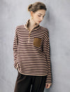 Wool Blend Striped Stand-Collar Half-Zip Relaxed Sweater