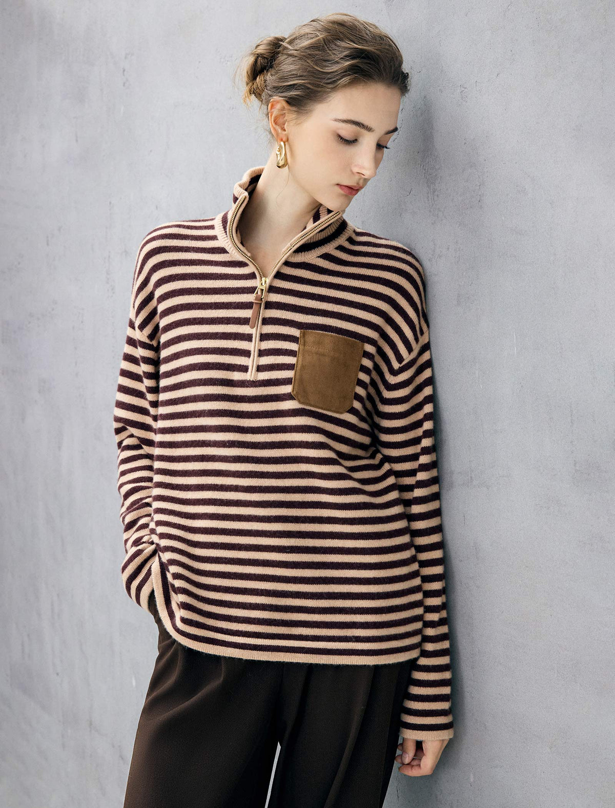 Wool Blend Striped Stand-Collar Half-Zip Relaxed Sweater