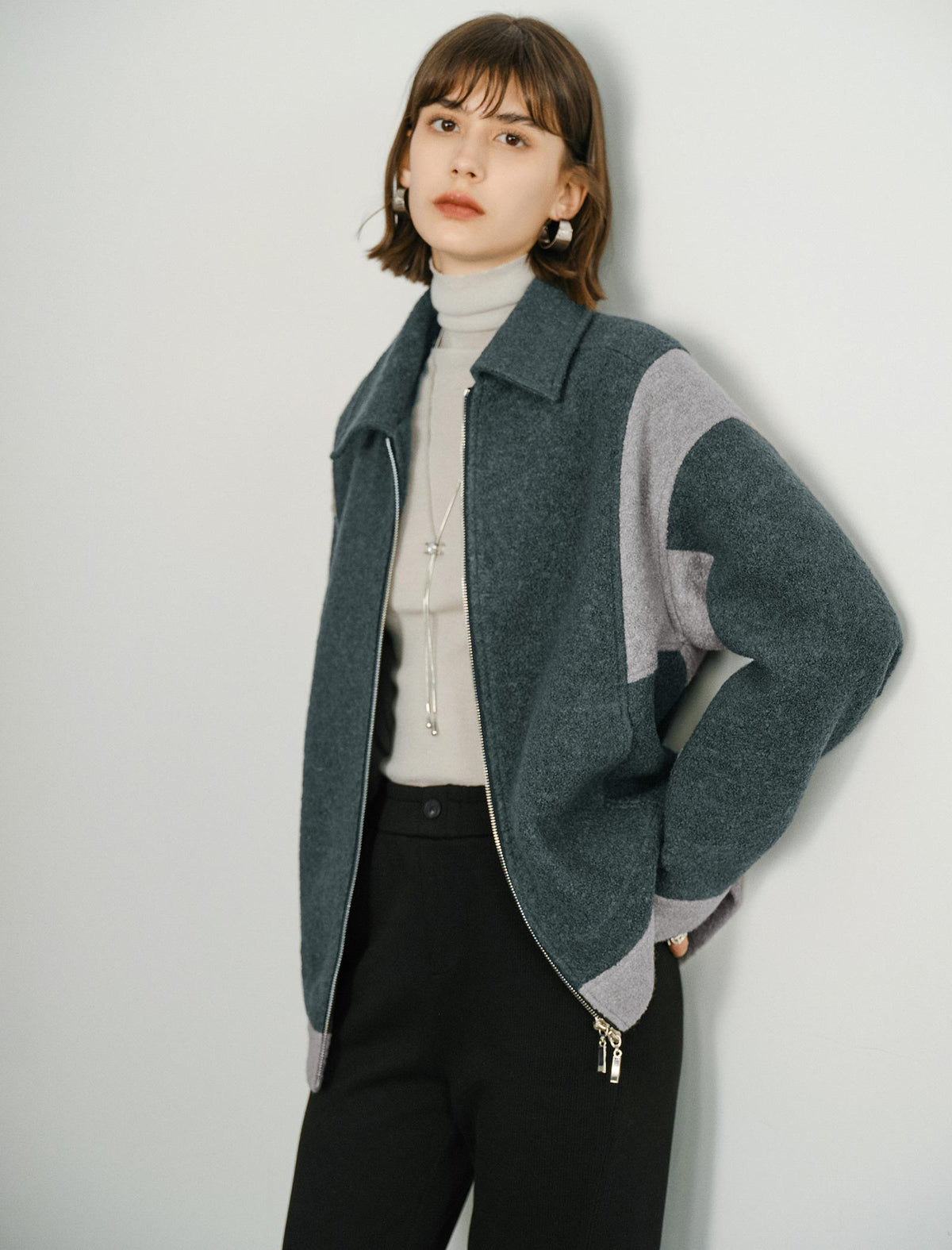 Wool Blend Color-Block Zip-Front Jacket
