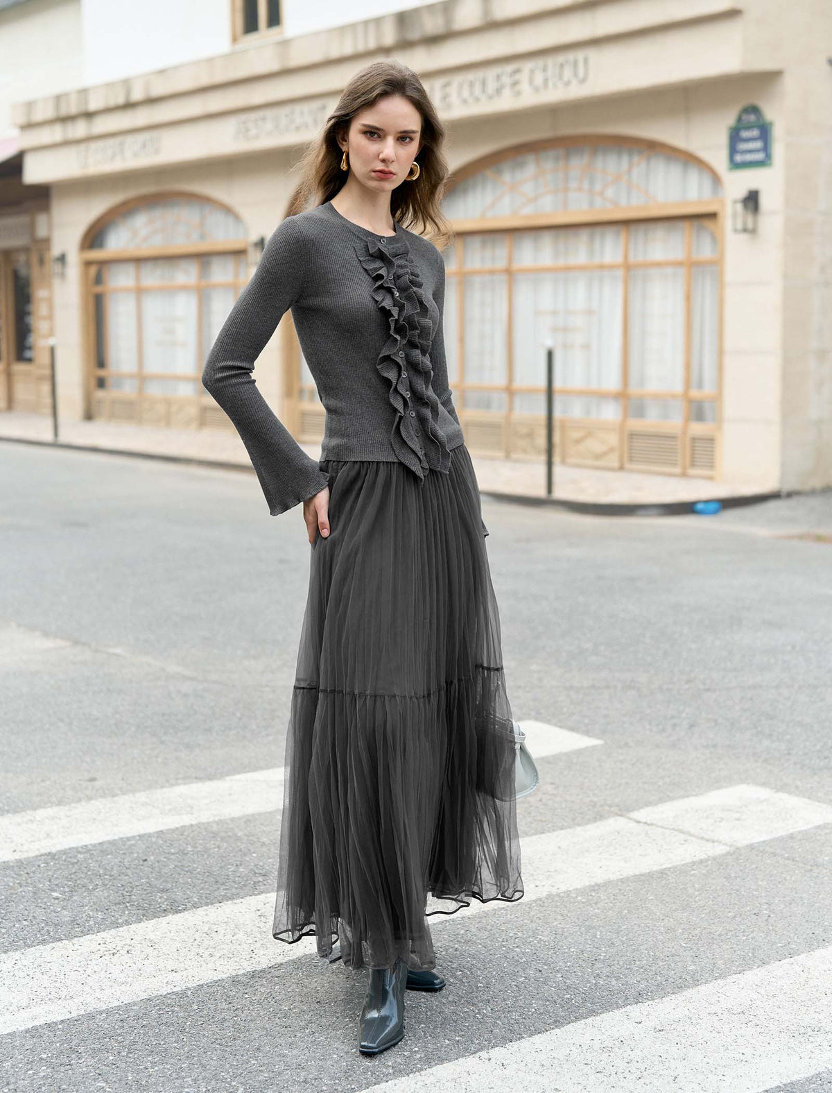 Grey Ruffled Button-Front Wool Knit Cardigan