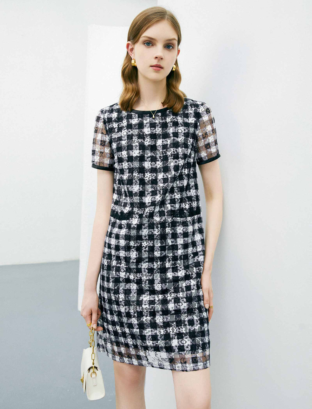 Plaid Lace Straight Short Sleeve Dress