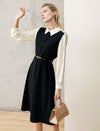 Colorblock Collared Long Sleeve Belted Dress