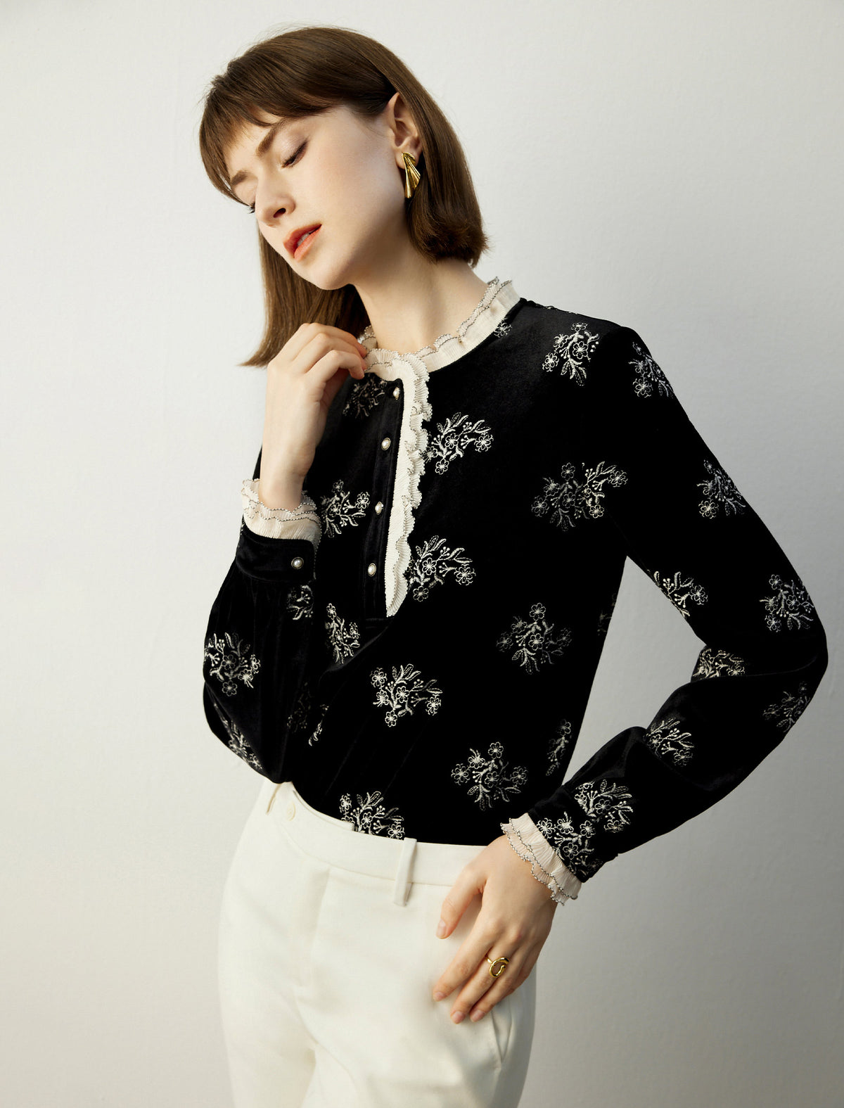 Floral Long-Sleeve Blouse with Lace Trim