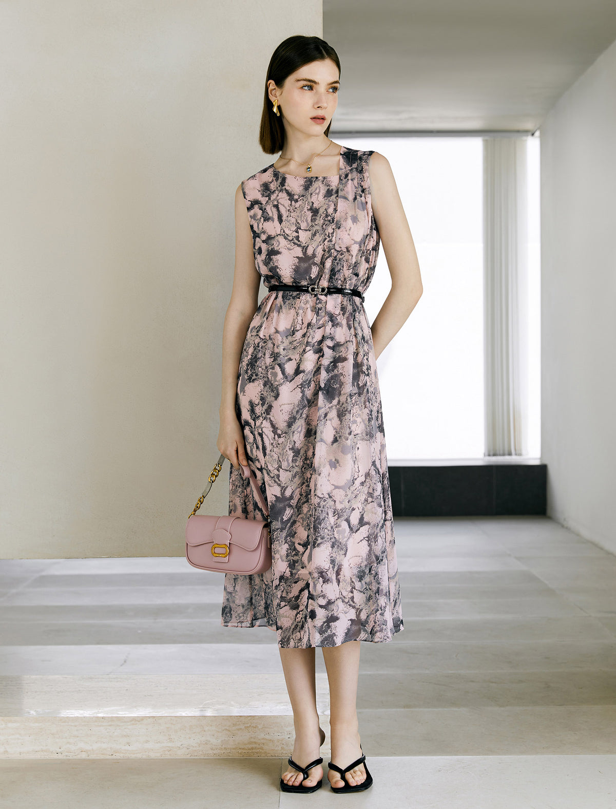 Tie Dye Irregular Neckline Sleeveless Midi Dress