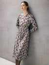 Paisley Print Stand-Collar Ruched-Waist Long Sleeve Midi Dress