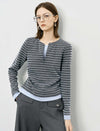 Stripe Long-Sleeve Notch-Neck Ruched Top