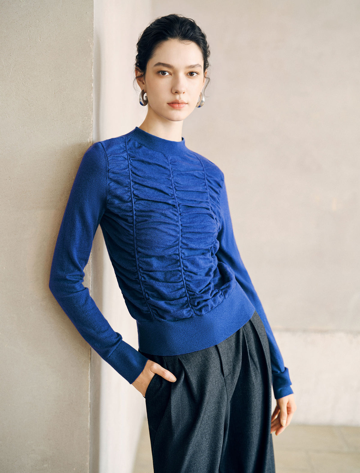 Wool Blend Ruched Front Mock Neck Long Sleeve Knit Top
