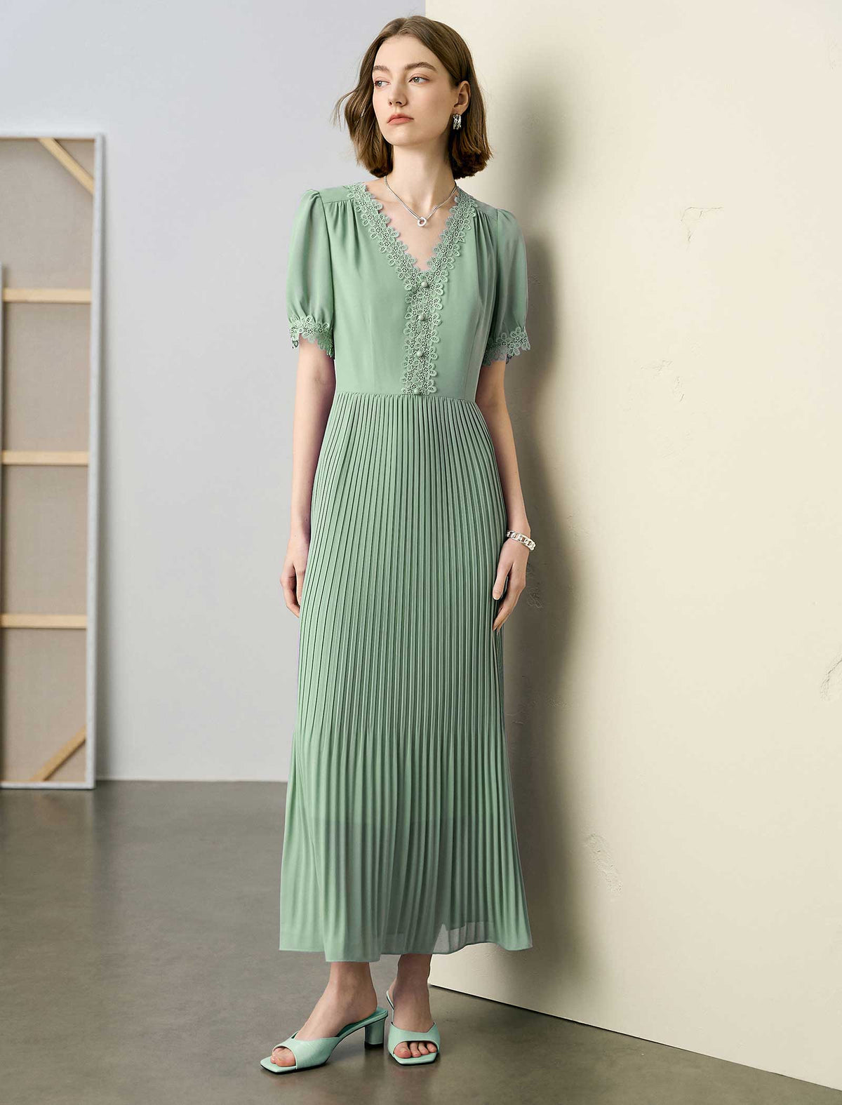 Pleated Lace-Trim Maxi Dress