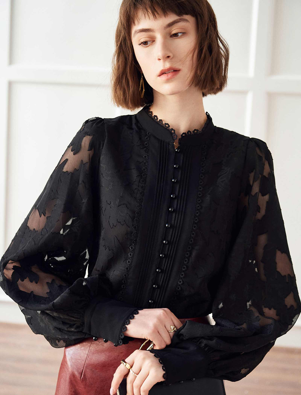 Black Lace Detailed Sheer Blouse