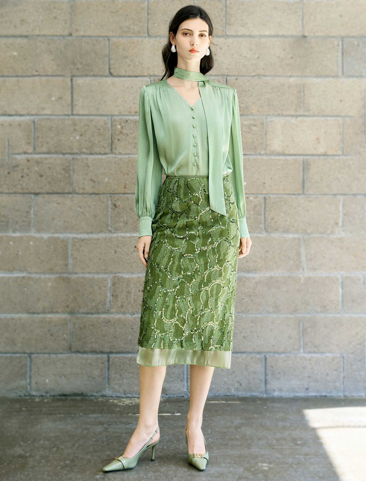 Olive Green Sequin Midi Skirt