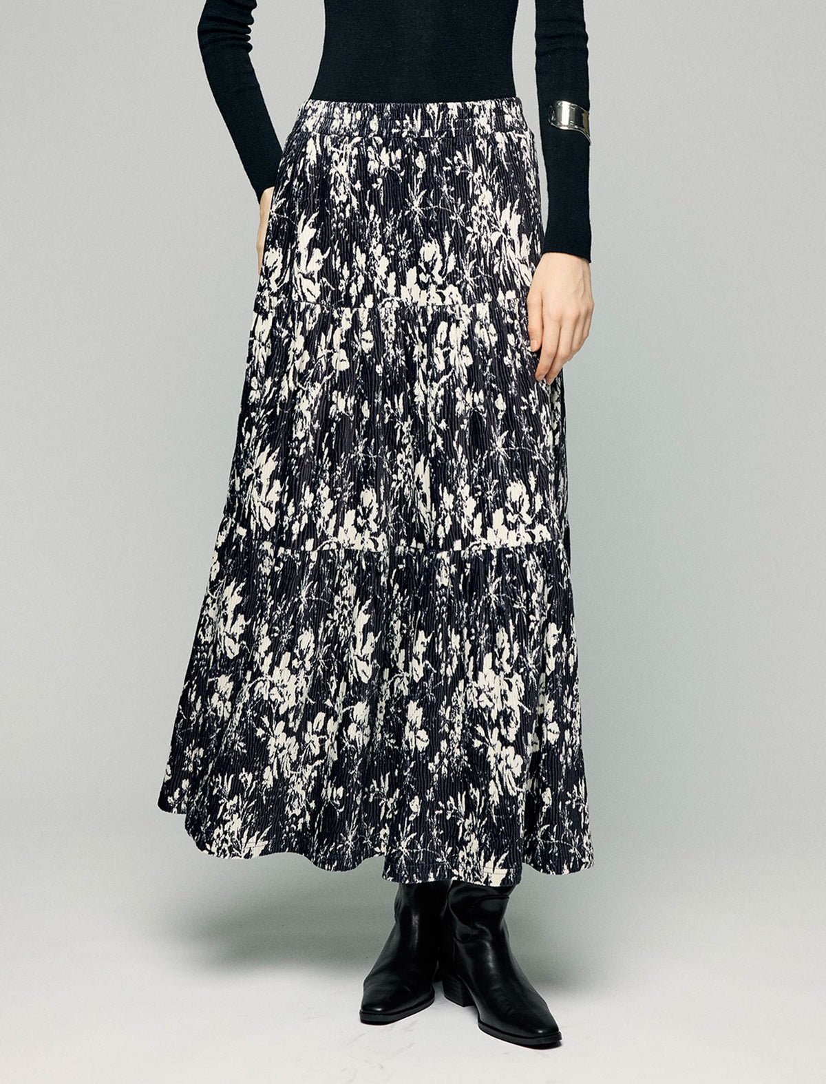 Watercolor Floral Tiered Elastic-Waist A-Line Midi Skirt