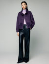 Wool Blend Contrast-Panel Stand-Collar Zip-Front Cropped Jacket