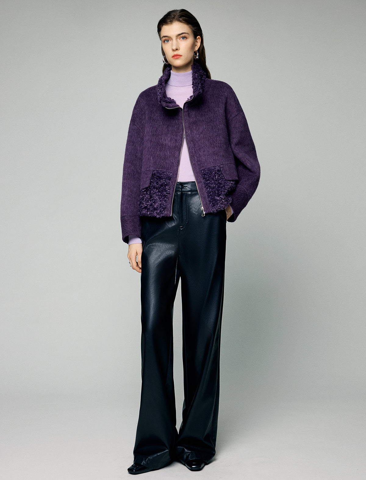 Wool Blend Contrast-Panel Stand-Collar Zip-Front Cropped Jacket