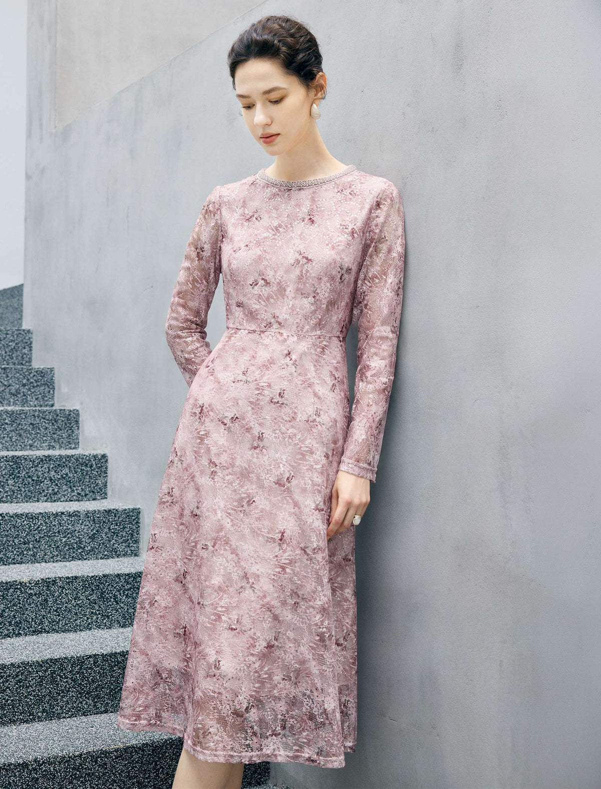 Dusty Pink Beaded Lace Midi Dress