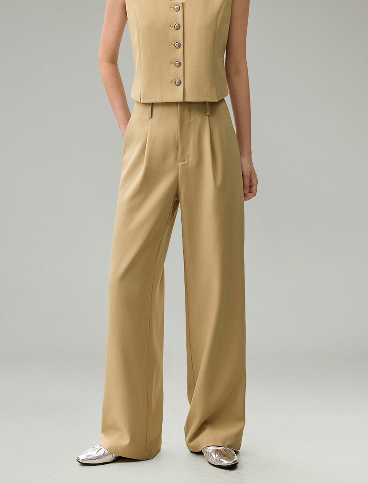Linen Blend Wide-Leg Tailored Pants