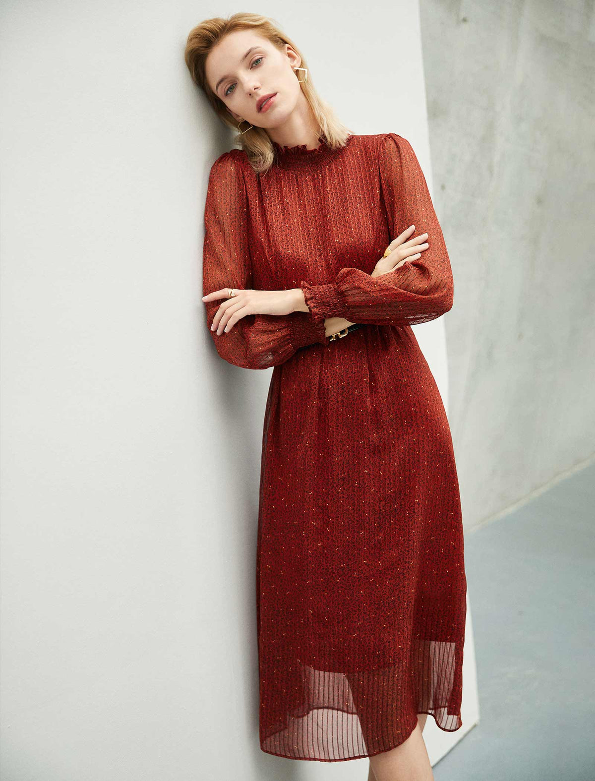 Rust Red Ruffled Neck Midi Dress
