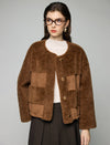 Contrast-Patch Crewneck Button-Front Cropped Jacket