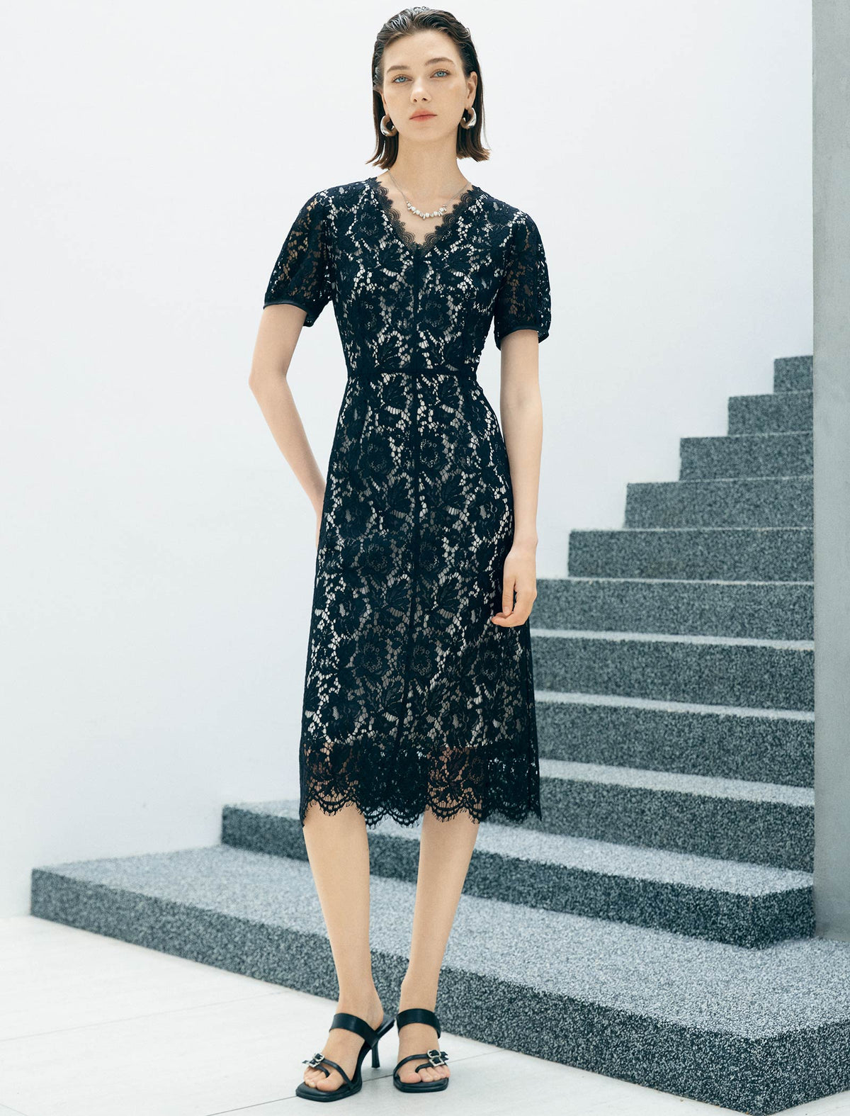 Black Floral Lace V-Neck Short Sleeve Fit And Flare Midi Dress