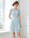 Vintage Crew Neck Lace Ruffle Sleeve Waist-Cinched Dress