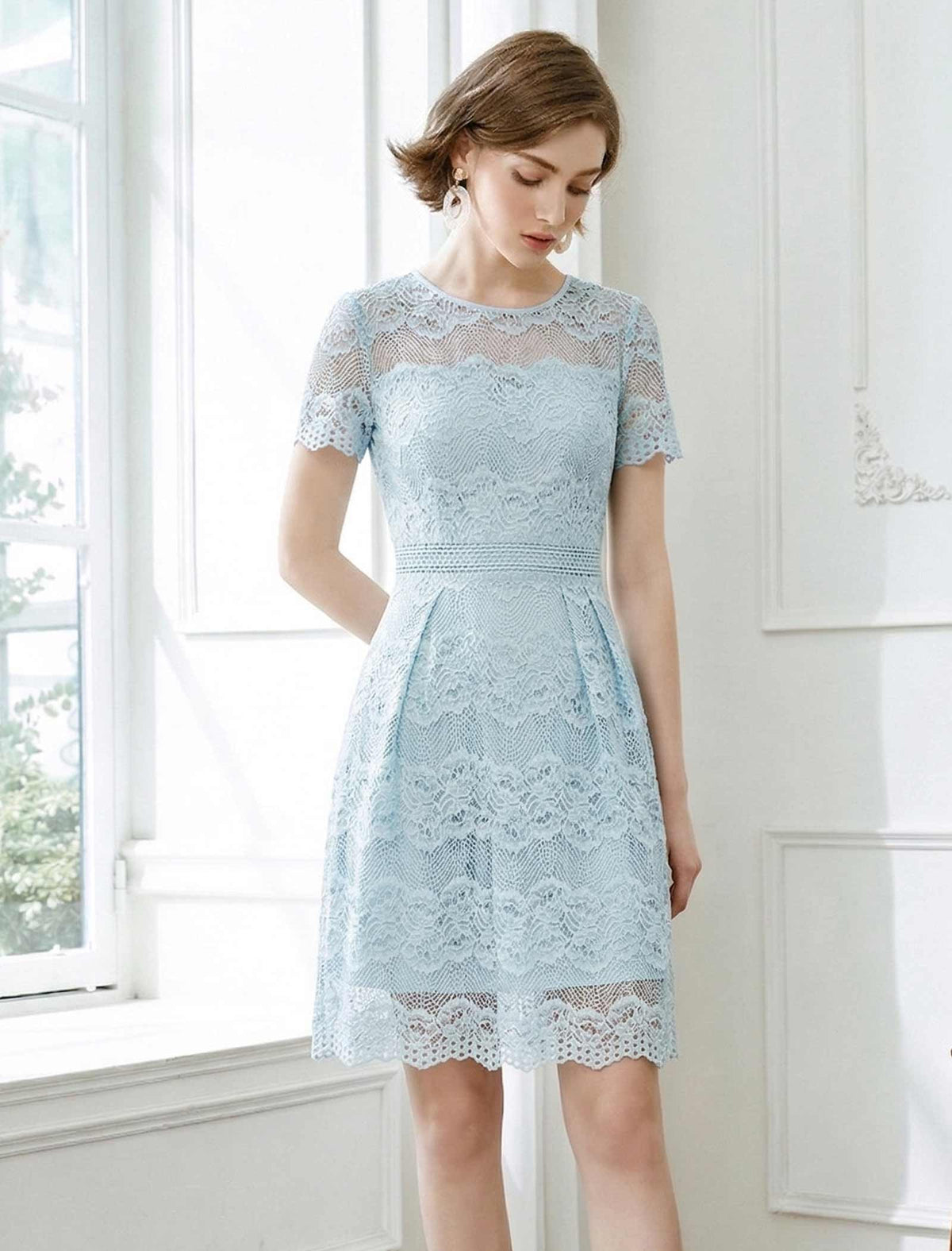 Vintage Crew Neck Lace Ruffle Sleeve Waist-Cinched Dress