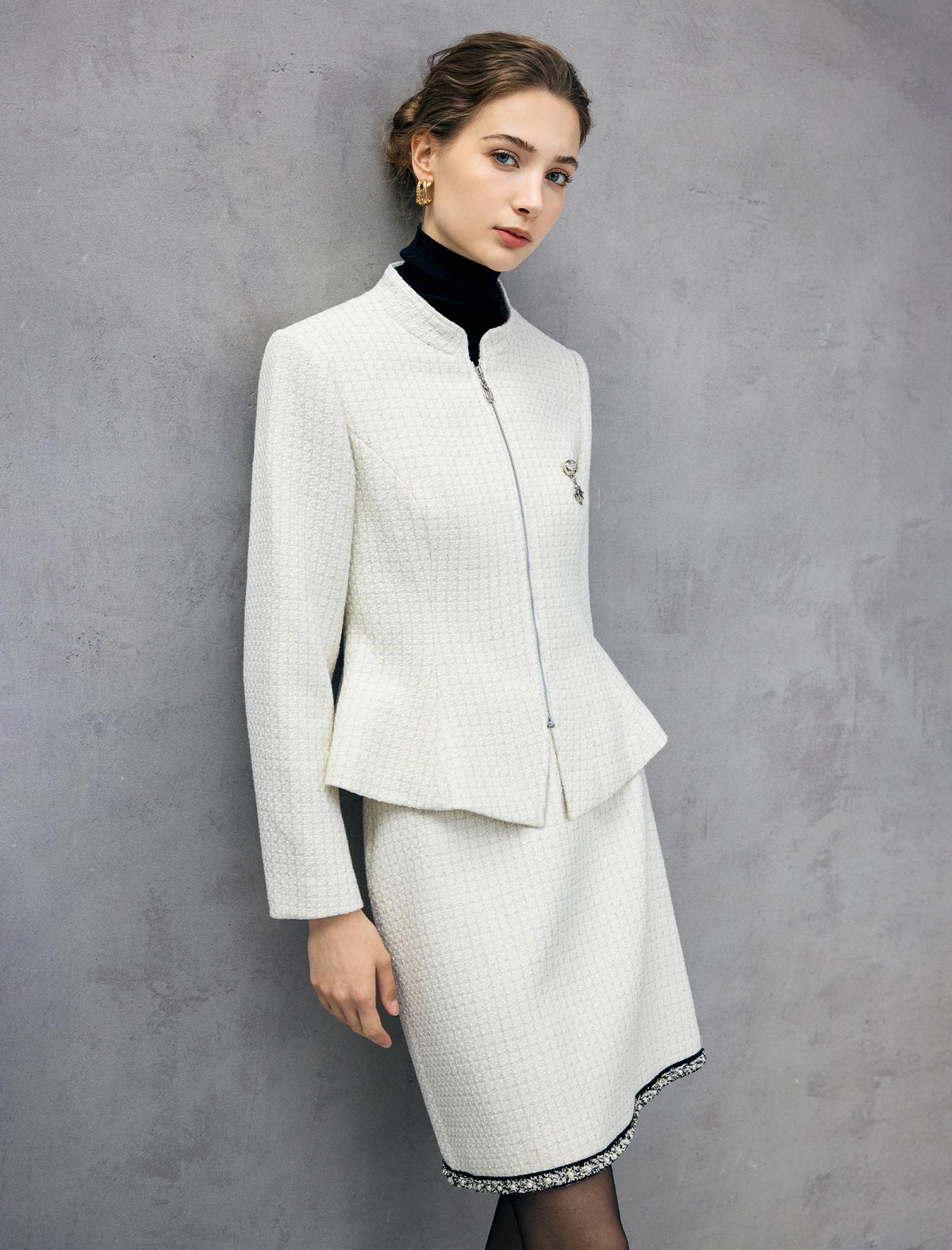 Wool Blend Stand-Collar Zip-Front Peplum Jacket