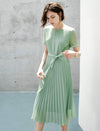 Waist-Cinched A-Line Pleated Short Sleeve Dress