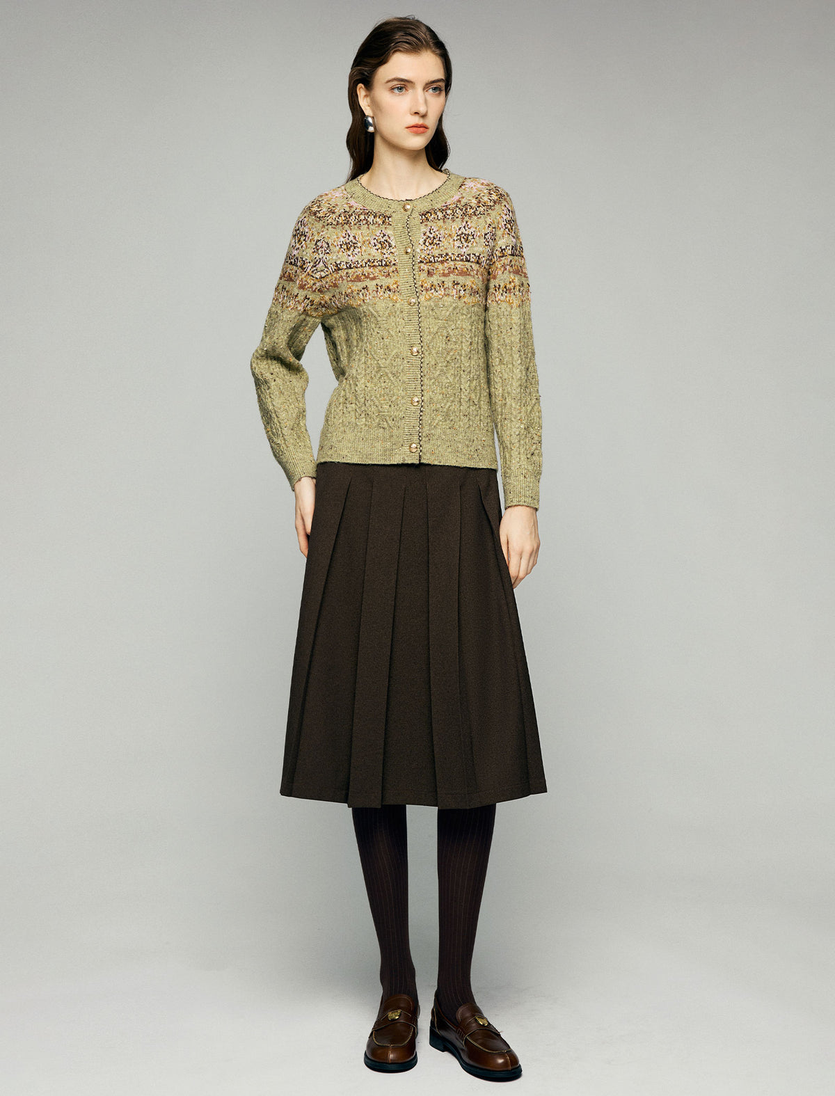 Wool Blend Fair Isle Cable-Knit Crewneck Button-Front Cardigan