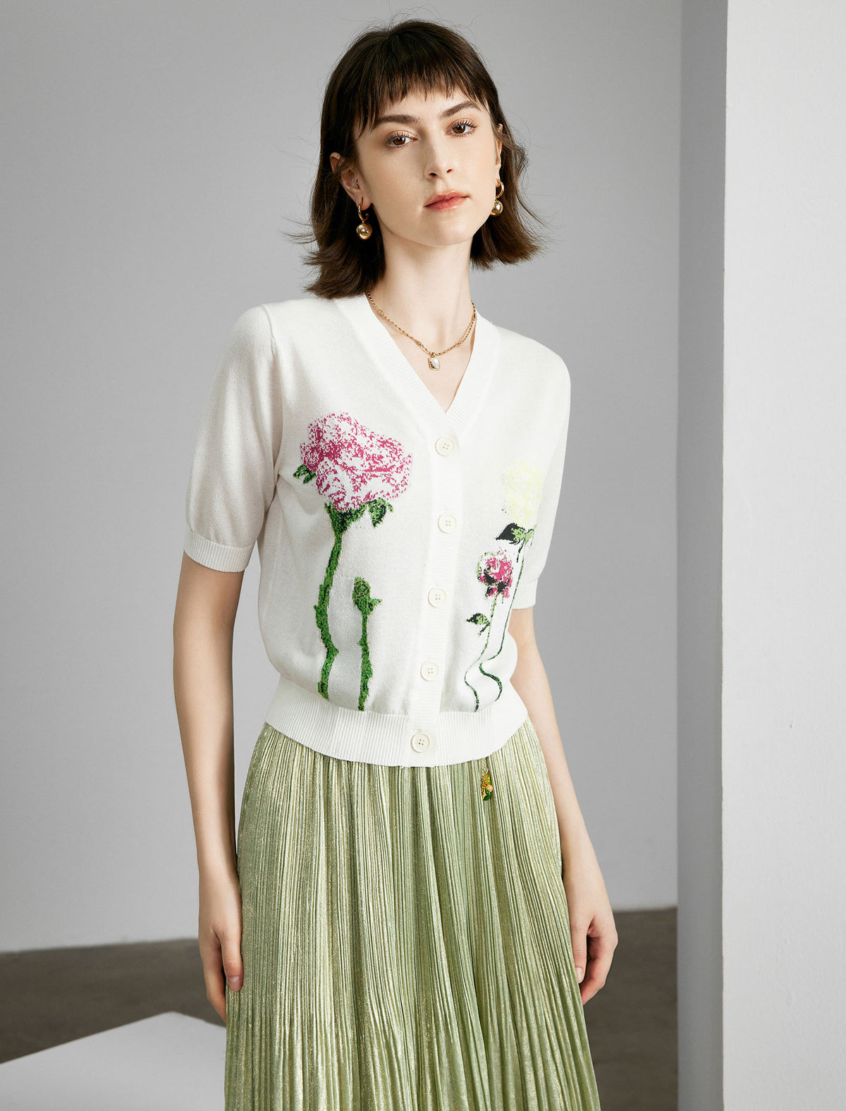Floral V-Neck Short Sleeve Knit Cardigan