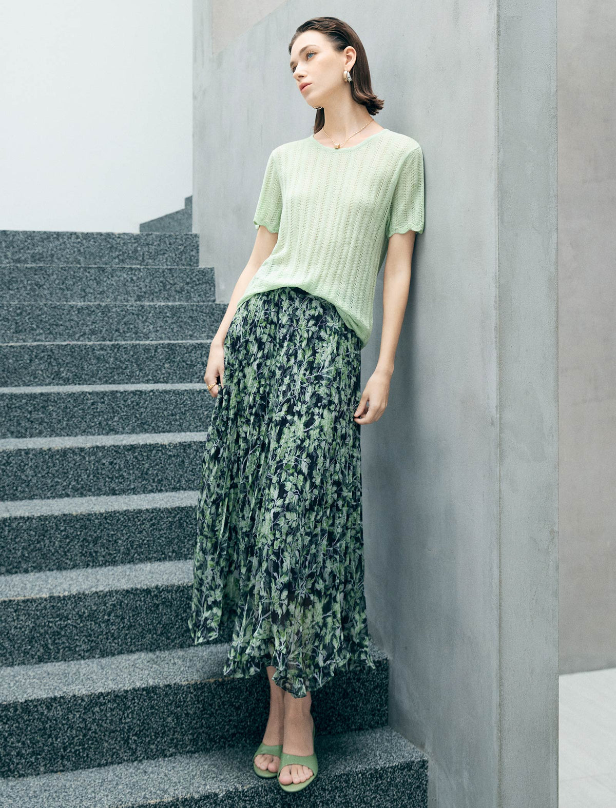 Mint Green Open Knit Scallop Short Sleeve Knit Top