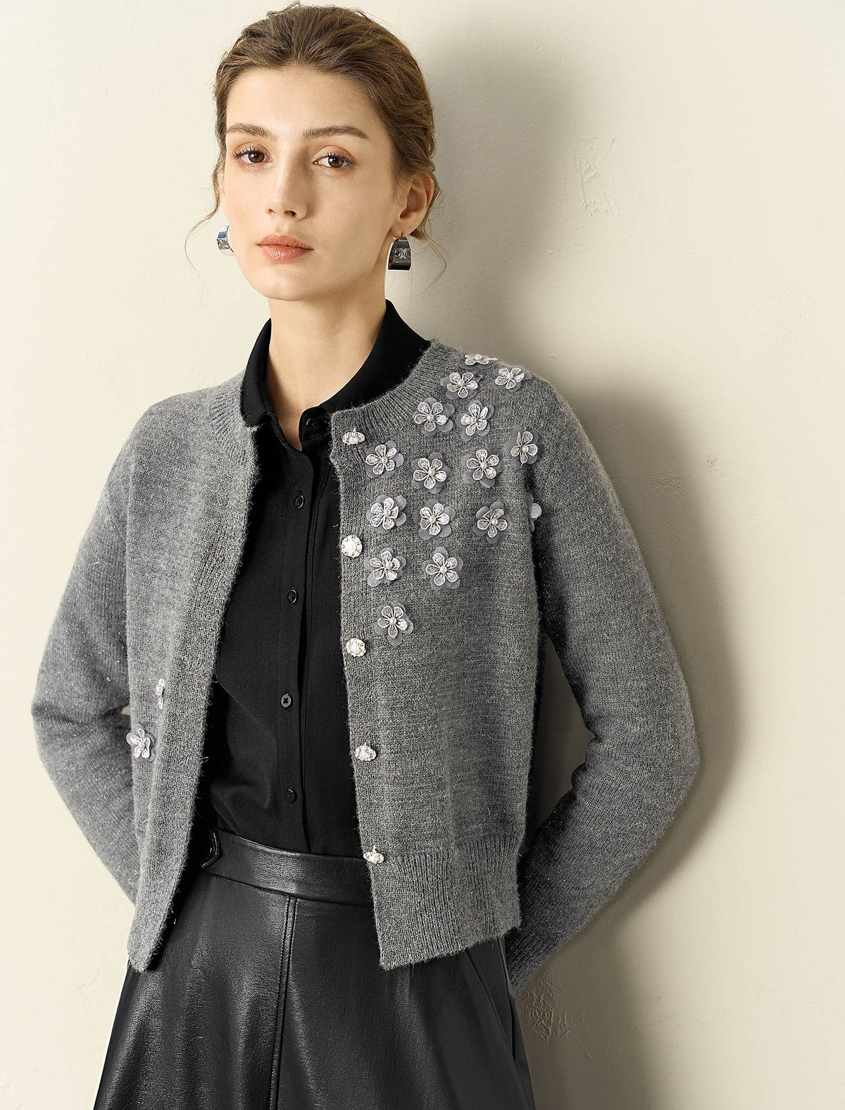 Wool Blend Floral Embroidered Cardigan