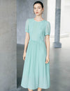 Mint Green Lace Detail Pleated Puff Sleeve Midi Dress